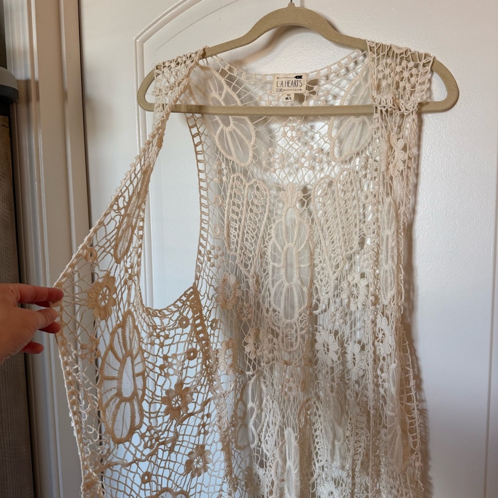 L.A. Hearts Cream Crochet open high-low cardigan layering piece coastal cowgirl - Picture 2 of 6